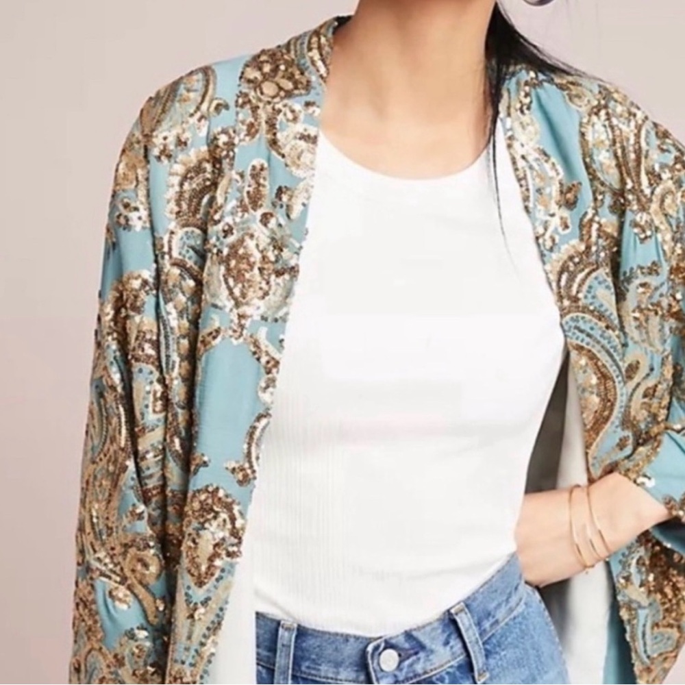 Anthropologie Ettawa Turquoise and Gold Sequined Kimono